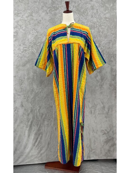 Vintage Dresses & Skirts - Vintage 70s Catalina ivid Striped Cotton Maxi Muumuu Swim Cover Caftan